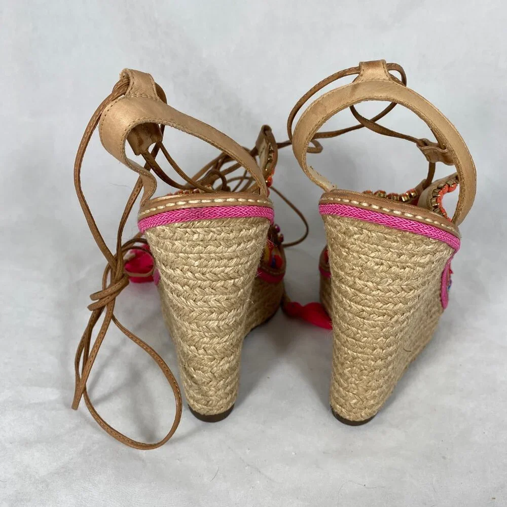 NEW Schutz Mella Espadrille Wedge Heel Sandal Pom Pom Jeweled 8.5